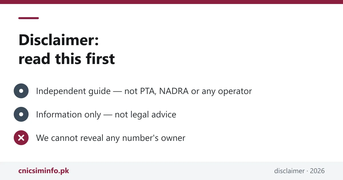 CnicSimInfo disclaimer 2026 — independent guide, not affiliated with PTA or NADRA
