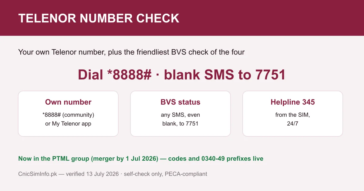 Telenor number check via *8888# and the blank-SMS 7751 BVS code — self-service only, never sim owner details of strangers